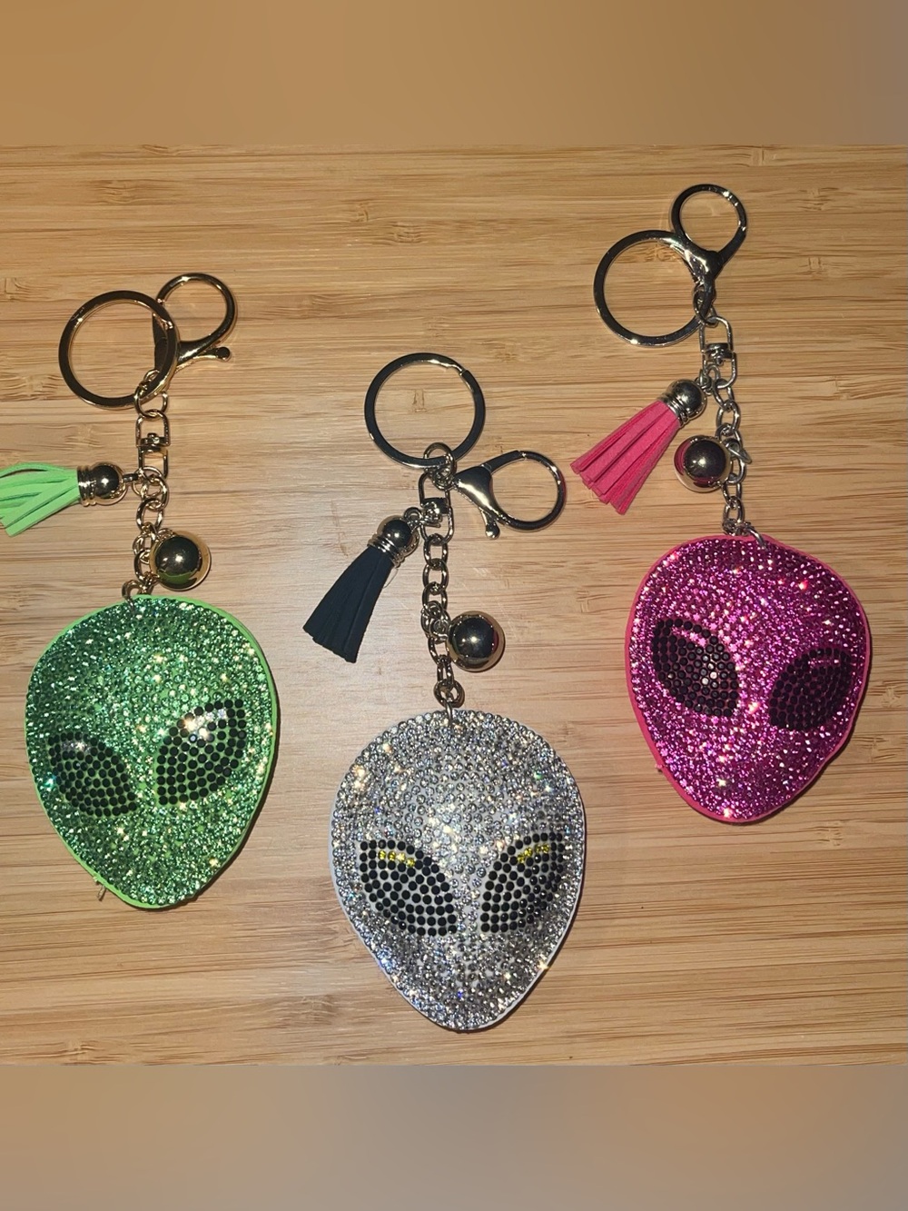 Rhinestones Puff Multicolor Alien Keychain bag charm with tassel